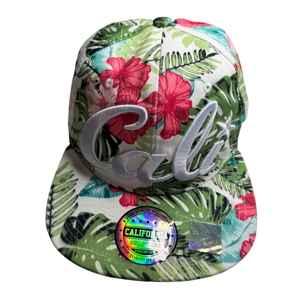 Cali Hat White Floral Tropical Snapback‎ Adjustable Hawaiian Baseball Cap sz OS